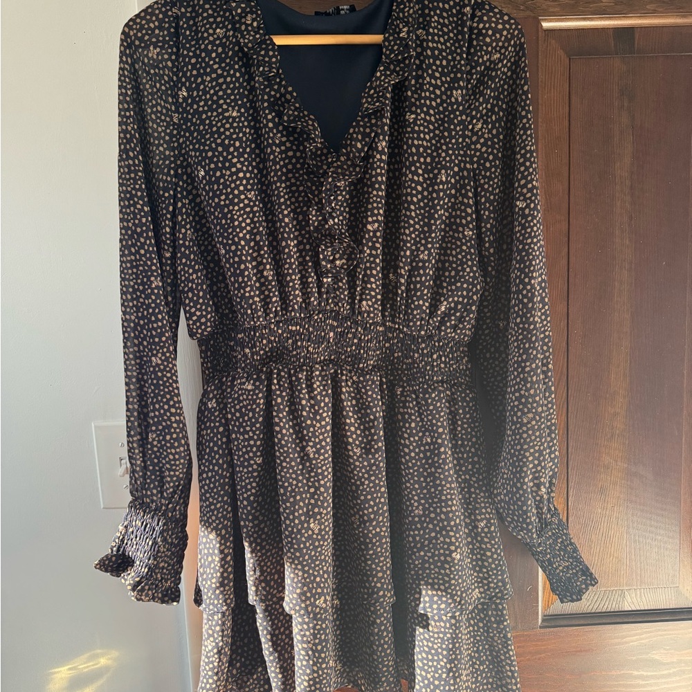 Navy and gold print dress with sparkle embellishment